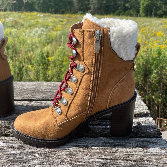8 10 NWT Nine West tan chunk heel faux fur suede vegan moto combat boots - Picture 4 of 13